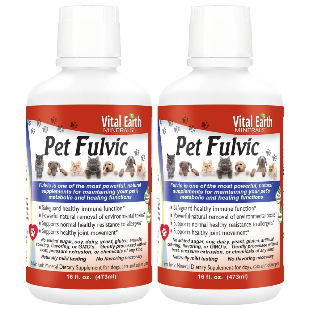 Vital Earth Minerals Pet Fulvic bottle highlights dog joint support and overall vitality.
