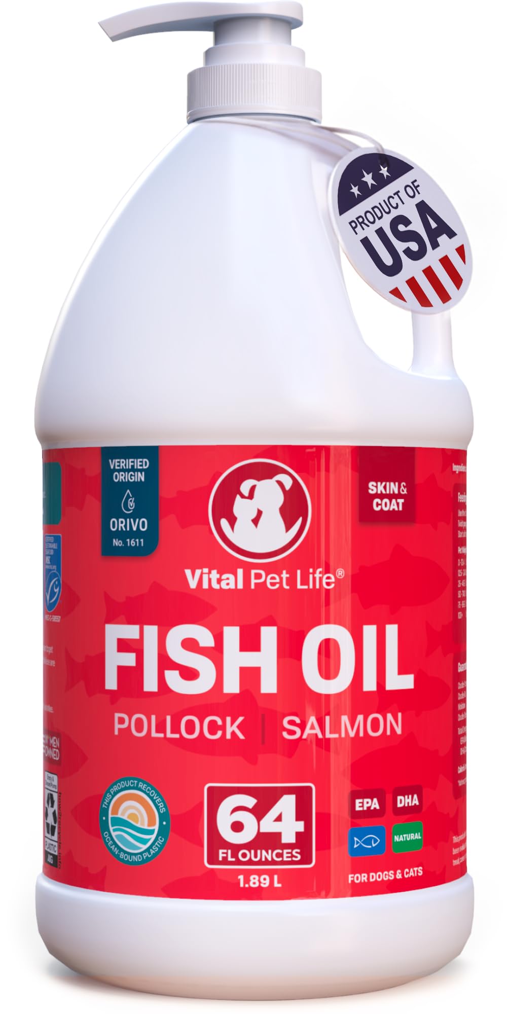 Vital Pet Life fish oil for dogs bottle closeup supporting healthy coat