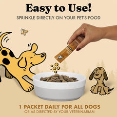 Vital Probiotics for Dogs packets being poured onto kibble suggest simple inclusion in meals.