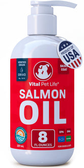 Vital Pet Life Salmon Oil bottle label highlights omega-3 for healthy coats