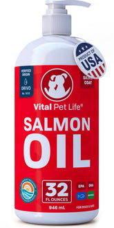 Vital Pet Life Salmon Oil bottle being poured for daily omega-3 support