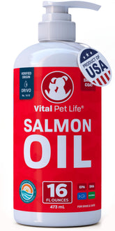 Vital Pet Life salmon oil bottle front view for shiny coat benefits