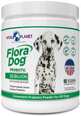 Vital Planet Flora Dog probiotic powder bottle showing high-potency canine gut balance.