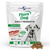 Vital Planet Flora Dog Probiotics bottle showcases 20 billion cultures for daily digestive balance.
