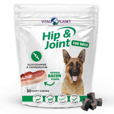 Vital Planet Hip and Joint Soft Chews bacon bottle shown for easy feeding and palatability