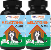 Vitamatic Melatonin for Dogs bottle front with beef-flavored chews for calmer travel.