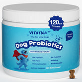 VITATICA Premium Probiotics for Dogs bottle shows daily chews for joint and digestion support