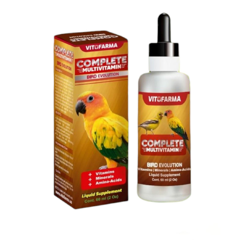 VITOFARMA Bird Evolution bottle pour illustrates easy daily dosage for consistent feeding.