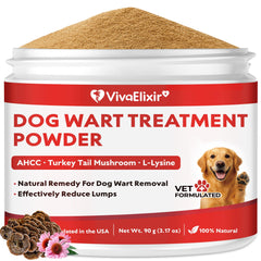VivaElixir dog wart remover packaging shows vet-formulated powder for daily lumps and bumps support.