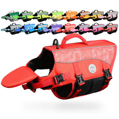 VIVAGLORY front float dog life vest in red showing neck support for confident swimming.