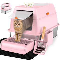 Vivifying litter box front-entry view highlights roomy space for big cats
