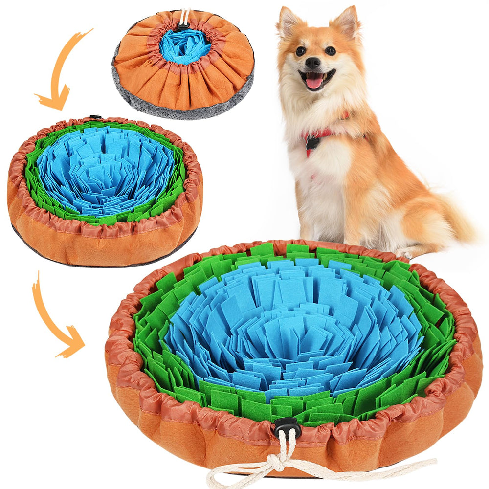 Vivifying Snuffle Mat dog blue green flat lay showing setup for slow feeding.
