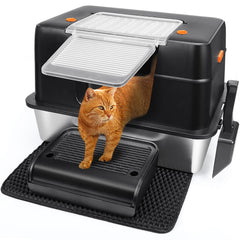Vivifying stainless steel litter box with XL side entry and lid for large cats