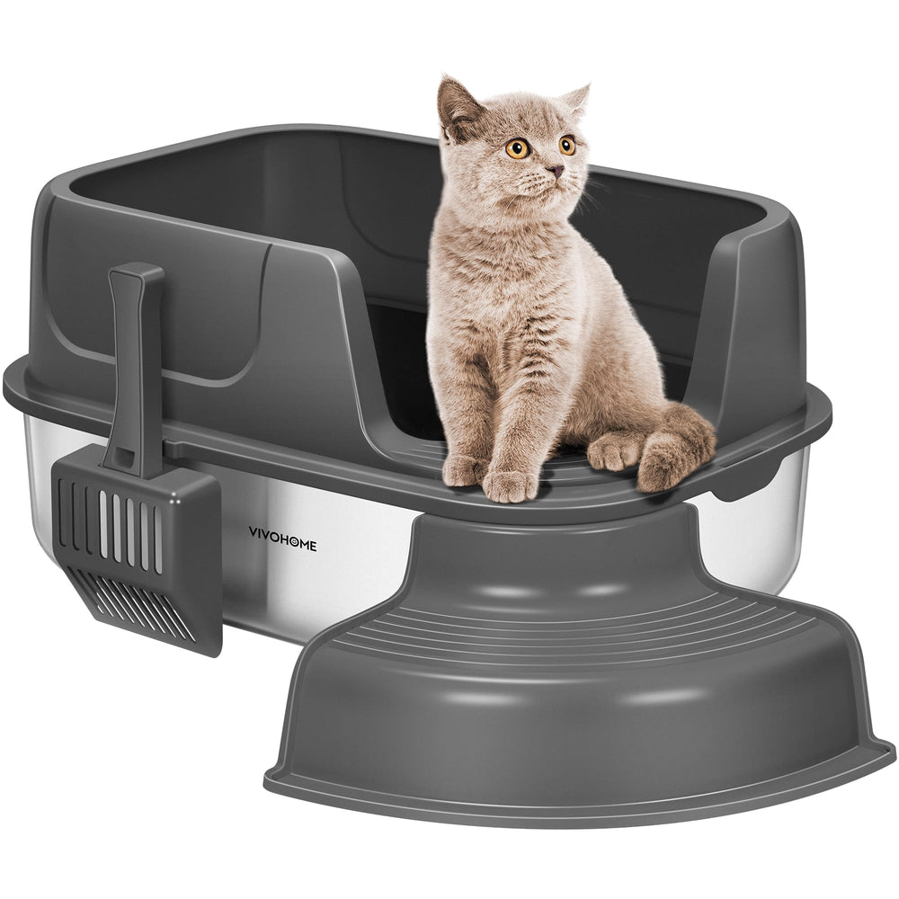 VIVOHOME XL stainless-steel litter box with cover and steps offers a spacious entry for large cats.