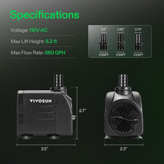 VIVOSUN 660GPH pump side view, fits small tank spaces.