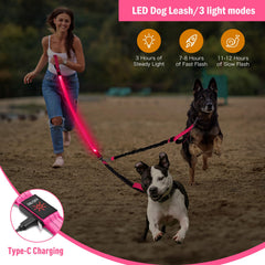 Vizbrite LED double dog leash shows battery level for evening walks