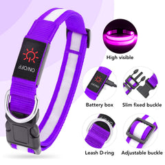 VIZPET collar LED morado, primer plano de la hebilla ajustable para ajuste cómodo.