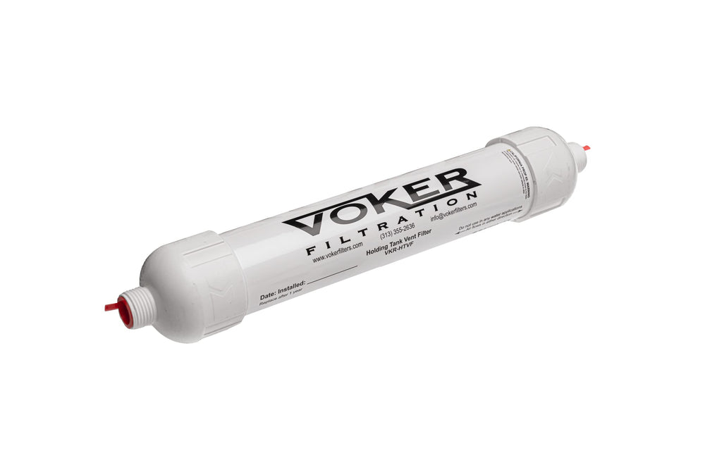 Voker holding tank vent filter carbon bed closeup shows dense filtration for odor control.
