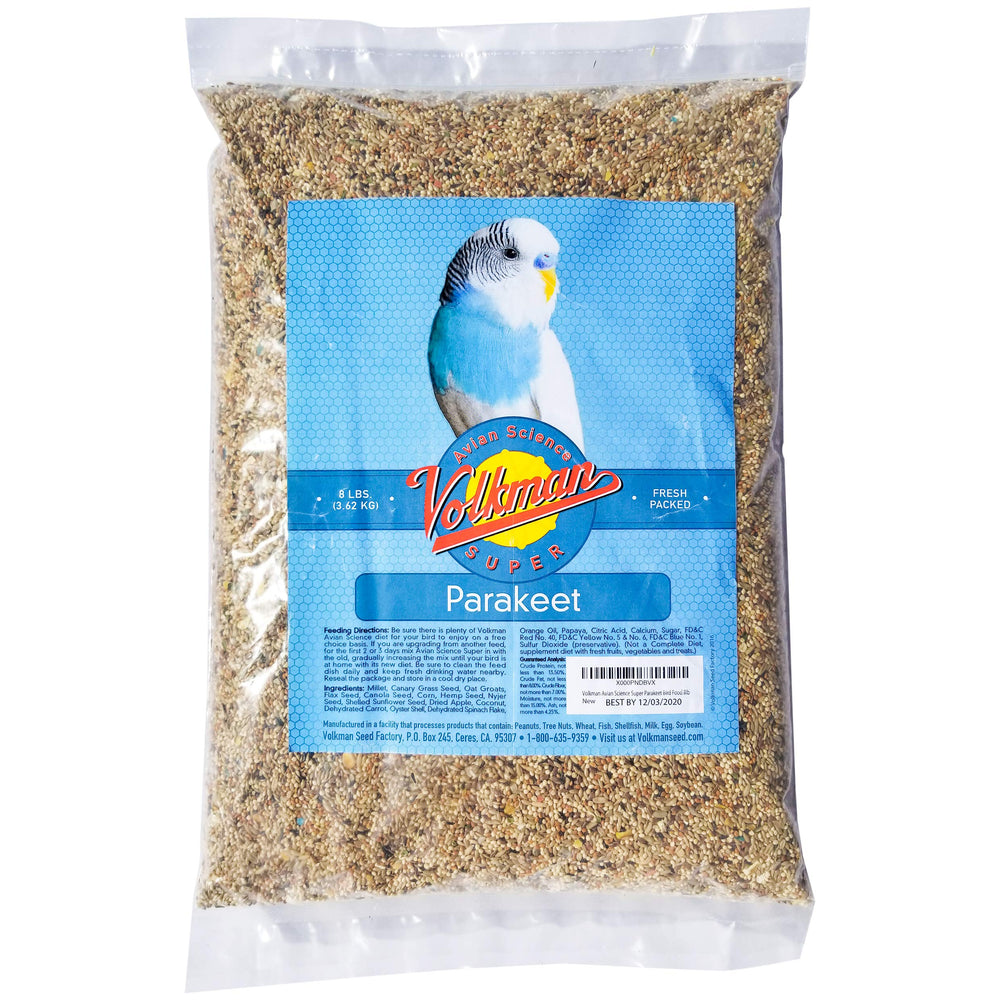 Volkman AS Super Parakeet Bird Food 8lb bowl with nutritious morsels for small birds.
