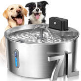 Voluas dog water fountain front view shows durable stainless steel and hydration readiness