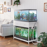 VOWNER 40-gallon aquarium stand front view shows tidy wiring with built-in outlets.