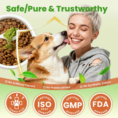 Powder on dry kibble showing a simple breath-freshening routine