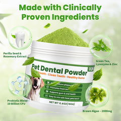 VUN dog dental powder being sprinkled on kibble for no-brush use