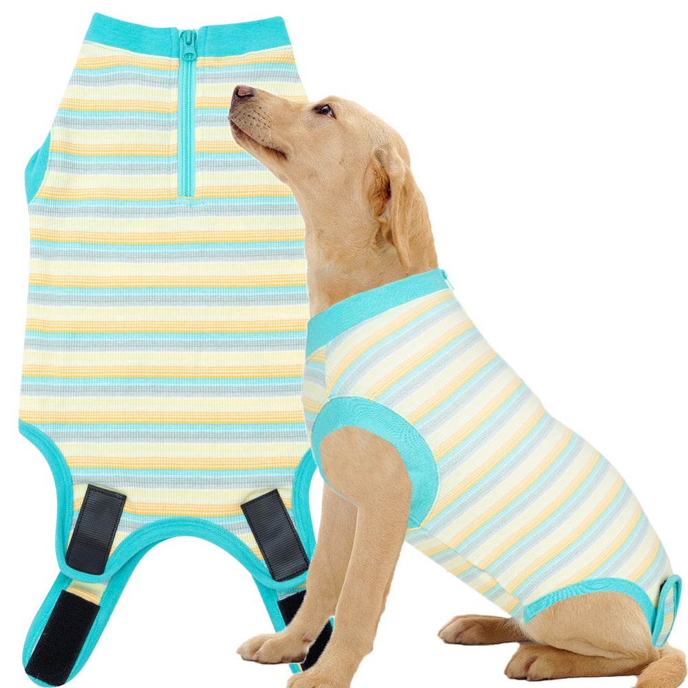 Wabdhaly recovery suit dog front view reduces stress by enabling easy rest after surgery.
