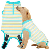 Wabdhaly recovery suit dog front view reduces stress by enabling easy rest after surgery.