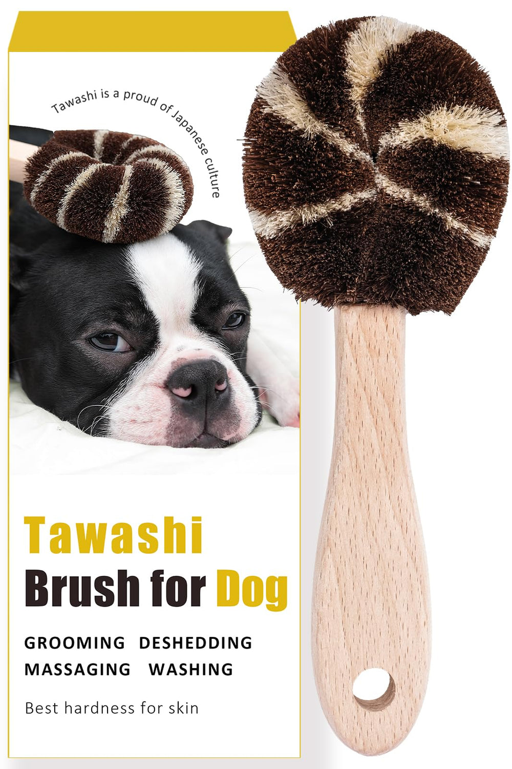 Wablade tawashi brush wood-handle for gentle massage and low-static grooming