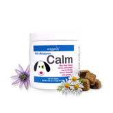 waggedy Calm with Melatonin chews bottle aids pet calm during travel and loud noises.
