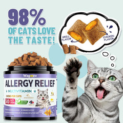 Wagmee cat allergy relief chews chicken and krill flavor for palatable seasonal support.