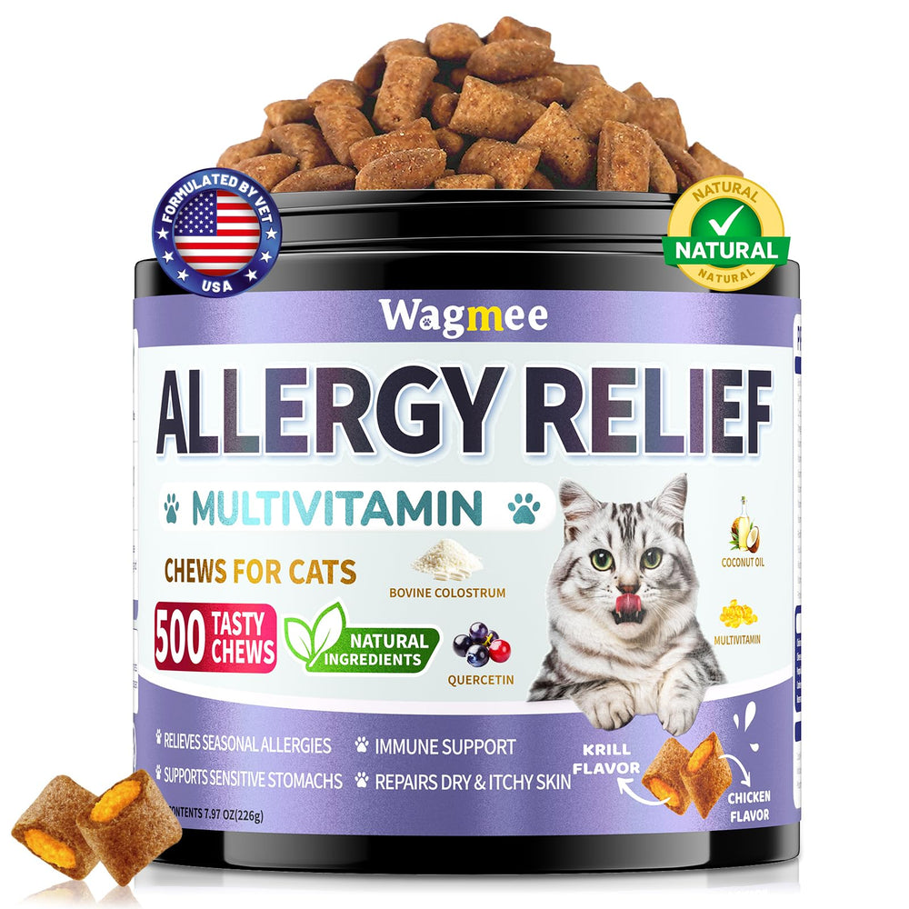 Wagmee cat allergy relief chews packaging designed for easy daily dosing and trusted pet care.