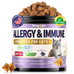 Wagmee cat allergy relief chews with crunchy shell and creamy center promote coat shine.