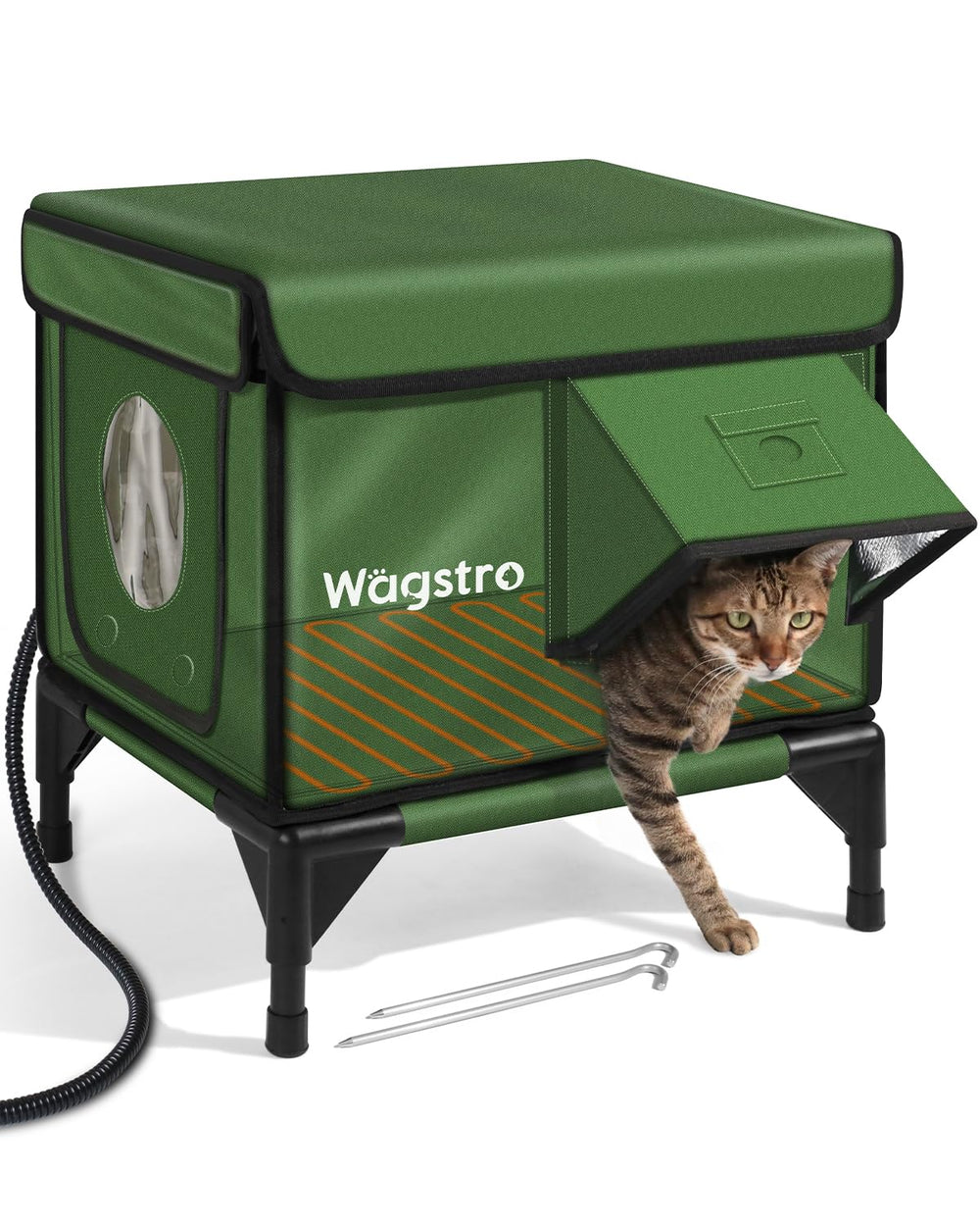 Wagstro heated cat house outdoor front view, weatherproof shelter for outdoor cats.