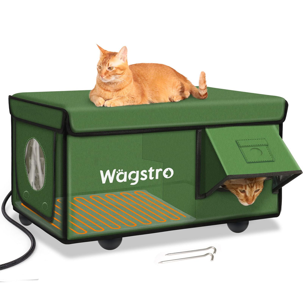 Wagstro heated cat house outdoor green front view highlighting weatherproof structure for winter warmth.