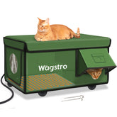 Wagstro heated cat house outdoor green front view highlighting weatherproof structure for winter warmth.