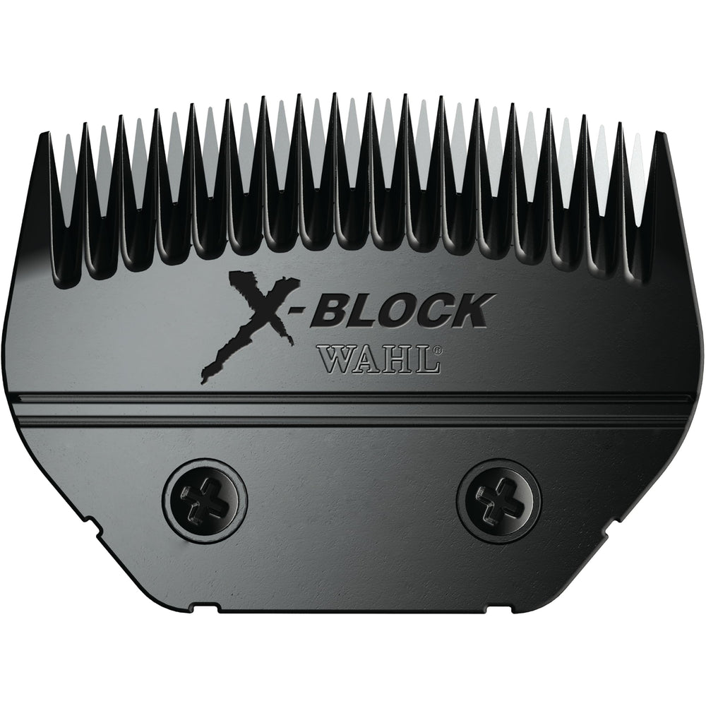 Wahl X-Block Ultimate blade close-up showing midnight chrome finish for durable performance