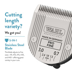 Made-in-Germany Wahl blade uses stainless steel for high-performance grooming.