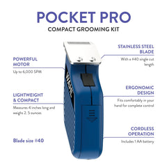 Wahl Pocket Pro Equine Compact Trimmer blue ear trim shows gentle grooming for sensitive areas.