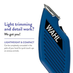 Wahl Pocket Pro Equine Compact Trimmer blue face trim delivers precise grooming with palm-sized control.