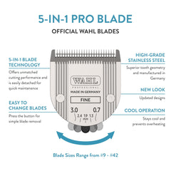 Wahl 5-in-1 blade adjustable settings 9-40 for precise clipping across breeds.