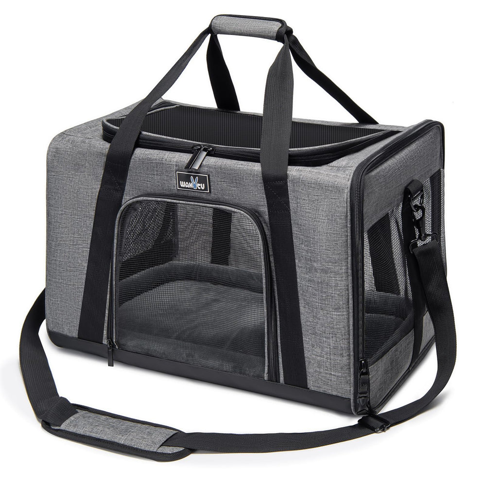 Wakytu pet carrier folded size view highlights compact cabin-ready design for easy travel.