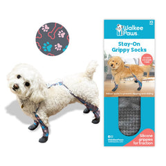 Walkee Paws Stay-On Sock traction-dots provide confident grip on slick hardwood floors.