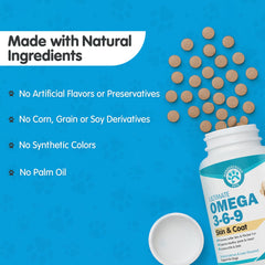 Wanderfound Pets omega-3 bottle beside dog showing glossy coat