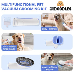 We Love Doodles dog brush and shedding tool captures loose fur during grooming.