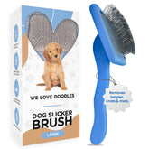 We Love Doodles Slicker Brush with ergonomic handle for comfortable grooming.