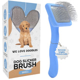 We Love Doodles slicker brush head closeup highlights gentle pins for safe detangling on long-haired dogs