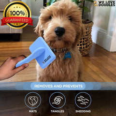 We Love Doodles slicker brush long pins visible for deeper, smoother brushing through dense coats