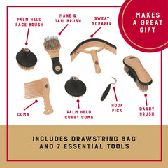 Weaver Leather palm-held curry and brush batch for fast grooming sessions.